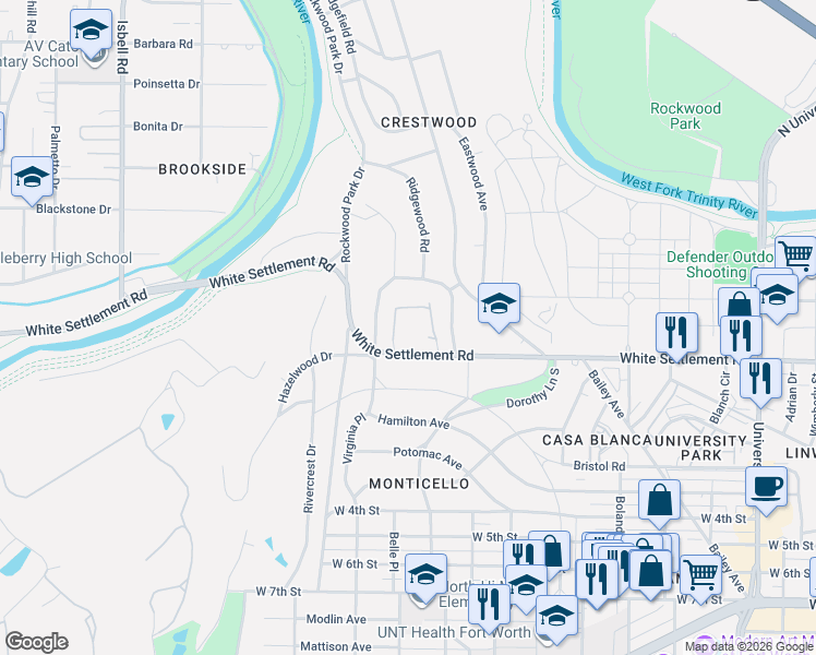 map of restaurants, bars, coffee shops, grocery stores, and more near 3900 White Settlement Road in Fort Worth