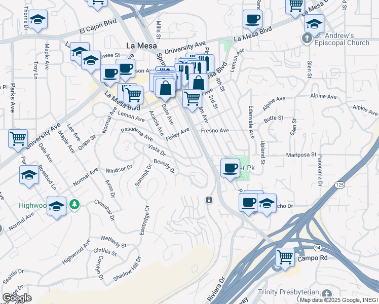 map of restaurants, bars, coffee shops, grocery stores, and more near 4531 Date Avenue in La Mesa