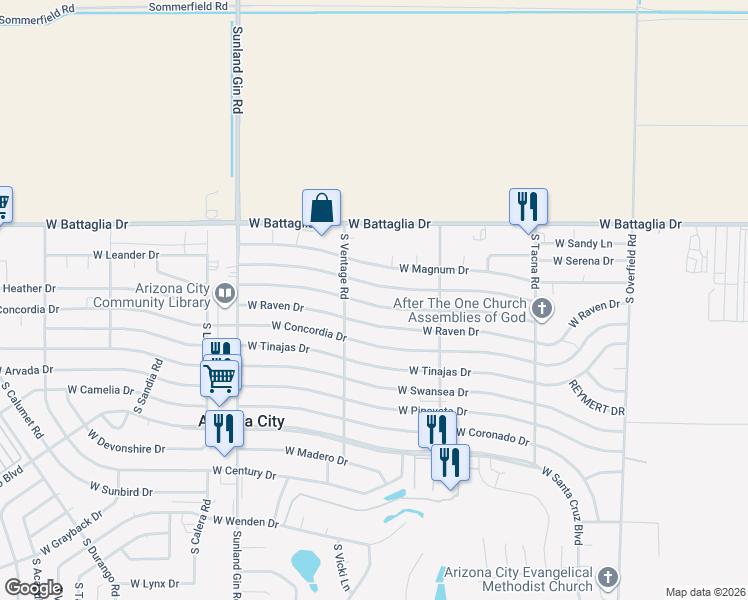 map of restaurants, bars, coffee shops, grocery stores, and more near 9143 West Oneida Drive in Arizona City
