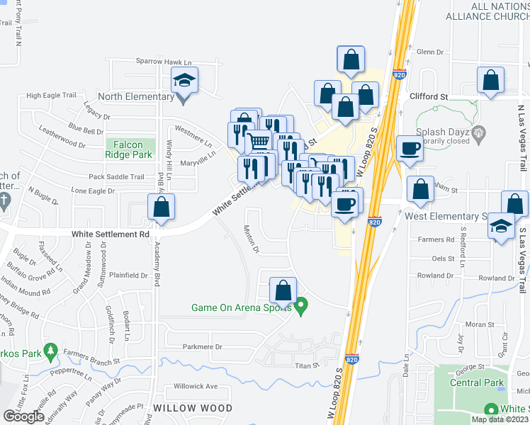 map of restaurants, bars, coffee shops, grocery stores, and more near 9724 Brenden Drive in Fort Worth
