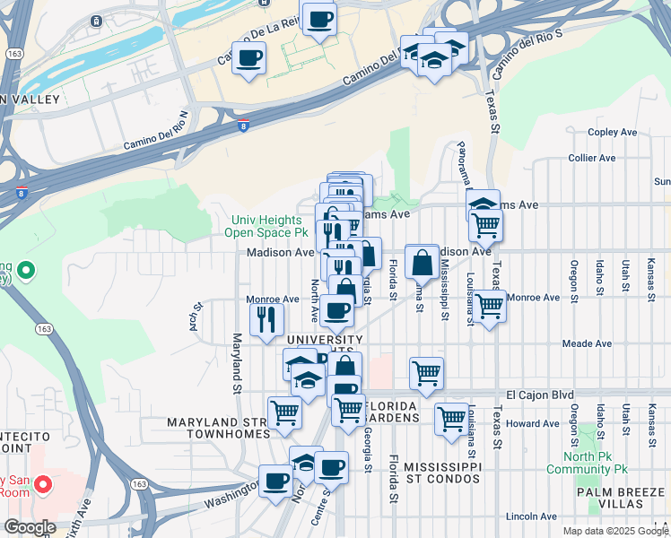 map of restaurants, bars, coffee shops, grocery stores, and more near 4562 Park Boulevard in San Diego