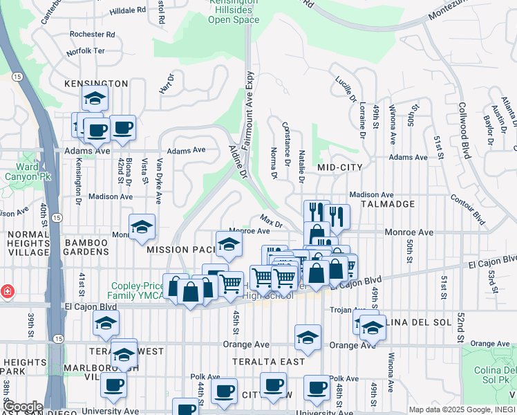 map of restaurants, bars, coffee shops, grocery stores, and more near 4540 Max Drive in San Diego