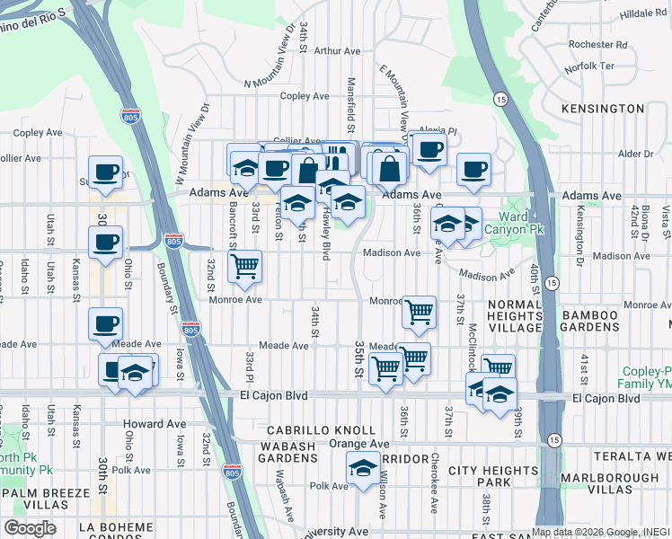map of restaurants, bars, coffee shops, grocery stores, and more near 4561 Hawley Boulevard in San Diego