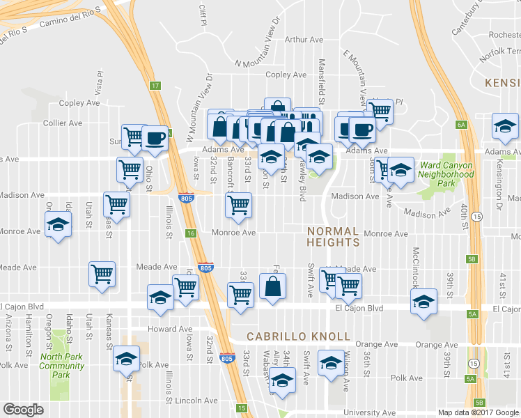 map of restaurants, bars, coffee shops, grocery stores, and more near 4560 Felton Street in San Diego
