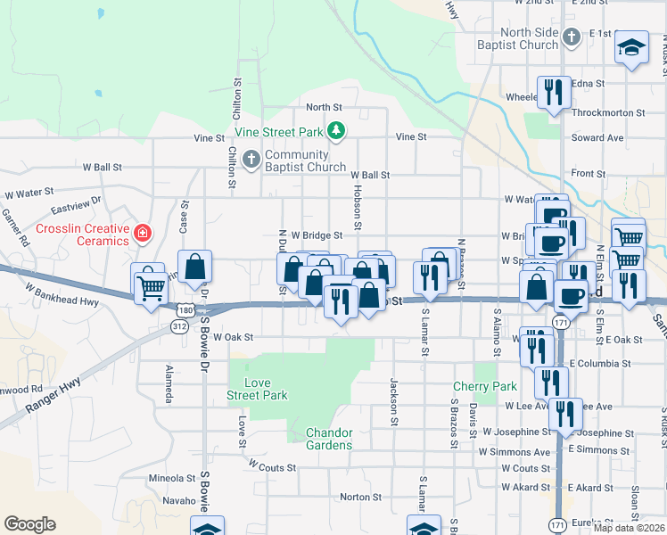 map of restaurants, bars, coffee shops, grocery stores, and more near 805 West Spring Street in Weatherford