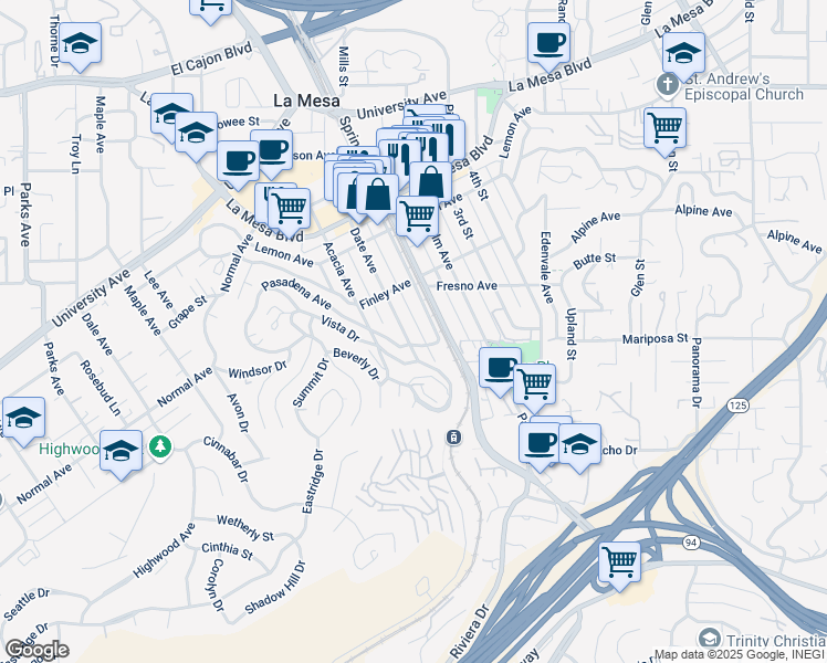 map of restaurants, bars, coffee shops, grocery stores, and more near 4531 Date Avenue in La Mesa