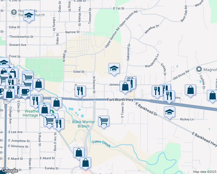 map of restaurants, bars, coffee shops, grocery stores, and more near 1009 Johnson Street in Weatherford