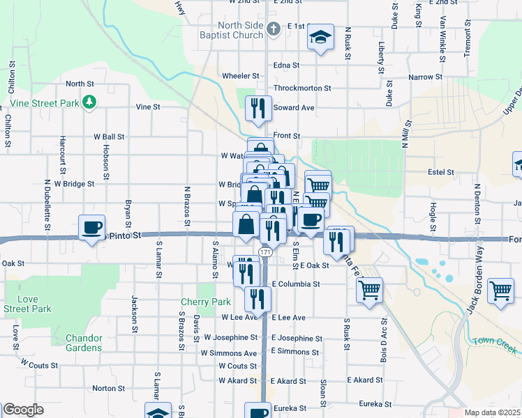 map of restaurants, bars, coffee shops, grocery stores, and more near in Weatherford