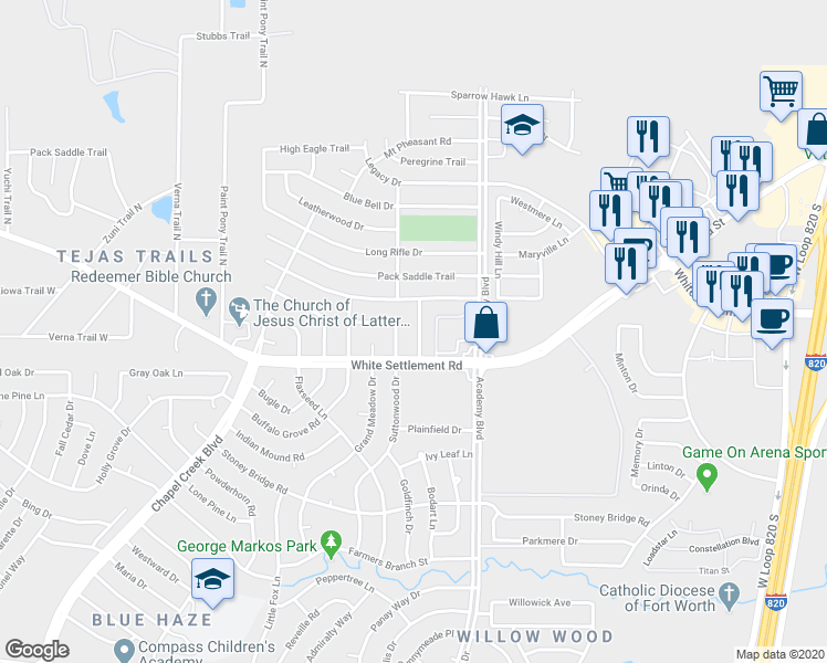 map of restaurants, bars, coffee shops, grocery stores, and more near 129 Callender Drive in Fort Worth