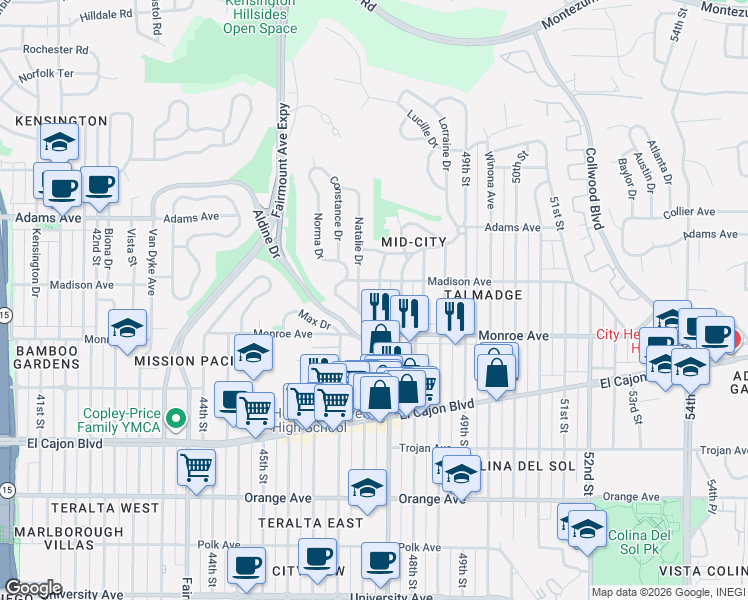 map of restaurants, bars, coffee shops, grocery stores, and more near 4552 47th Street in San Diego