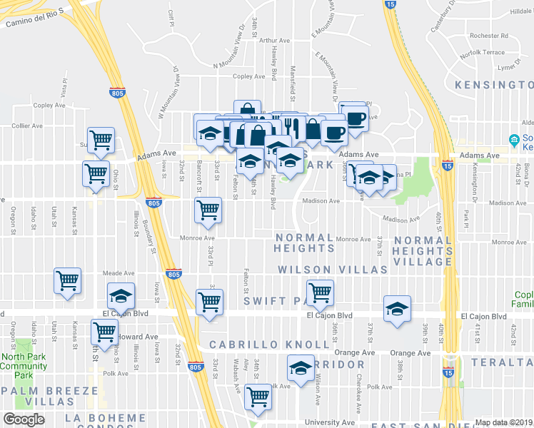 map of restaurants, bars, coffee shops, grocery stores, and more near 4540 Hawley Boulevard in San Diego