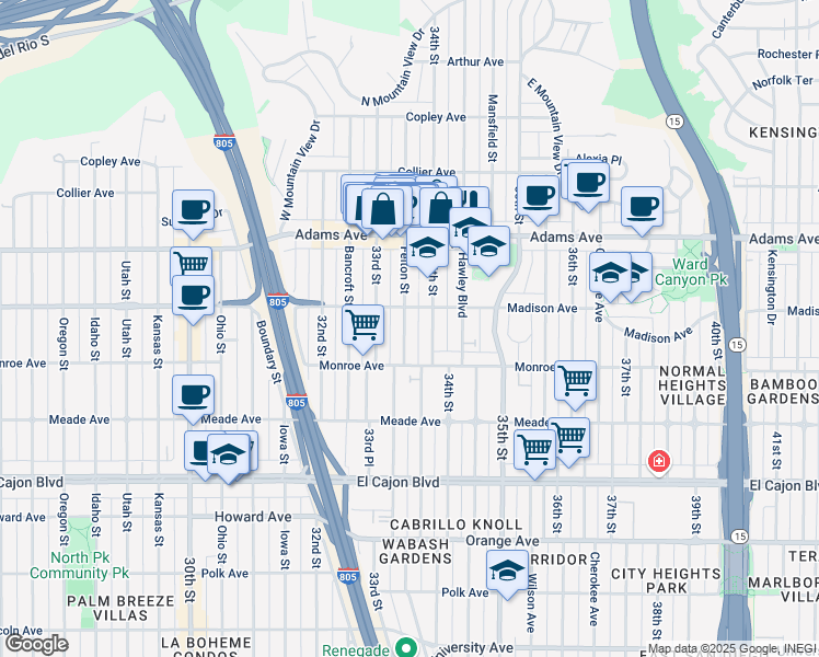 map of restaurants, bars, coffee shops, grocery stores, and more near 4546 34th Street in San Diego