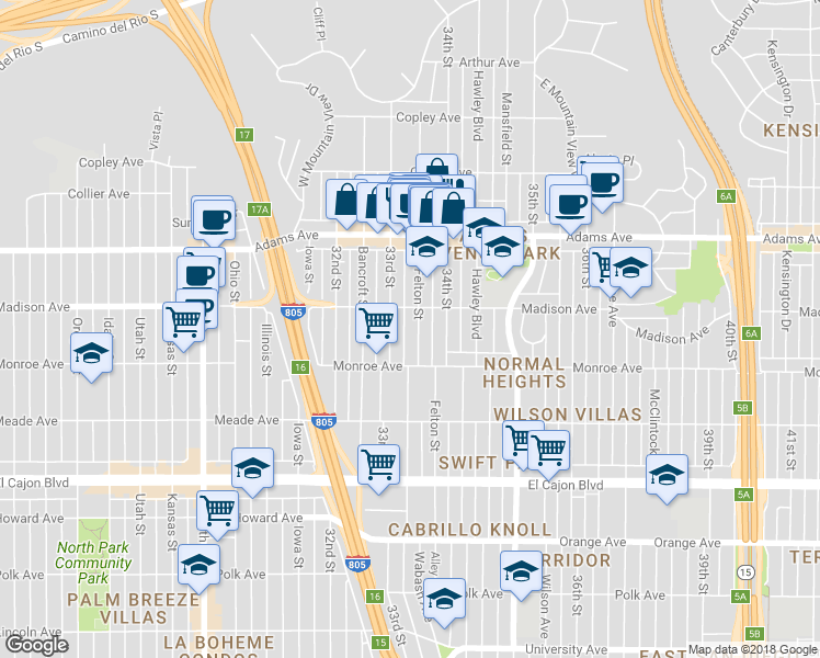 map of restaurants, bars, coffee shops, grocery stores, and more near 4546 34th Street in San Diego