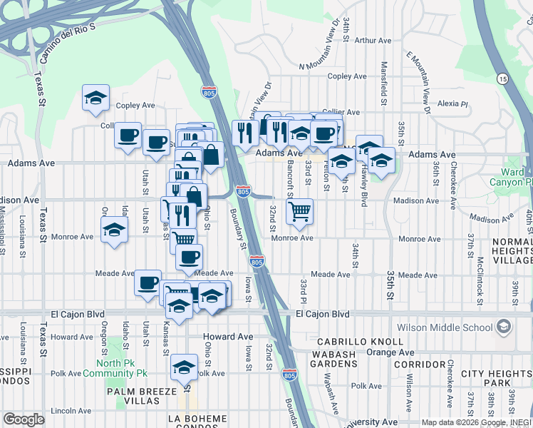 map of restaurants, bars, coffee shops, grocery stores, and more near 4557 Iowa Street in San Diego
