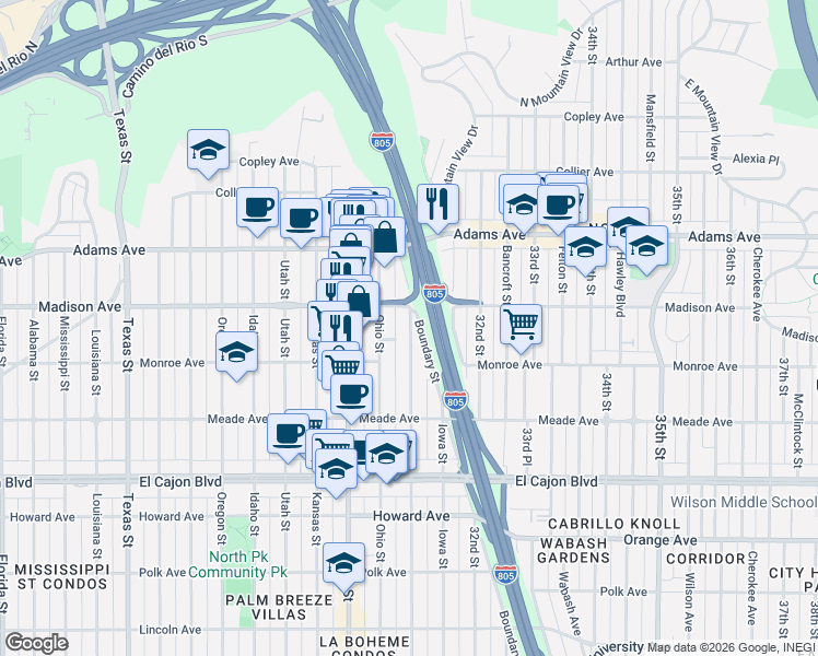 map of restaurants, bars, coffee shops, grocery stores, and more near 4541 Illinois Street in San Diego