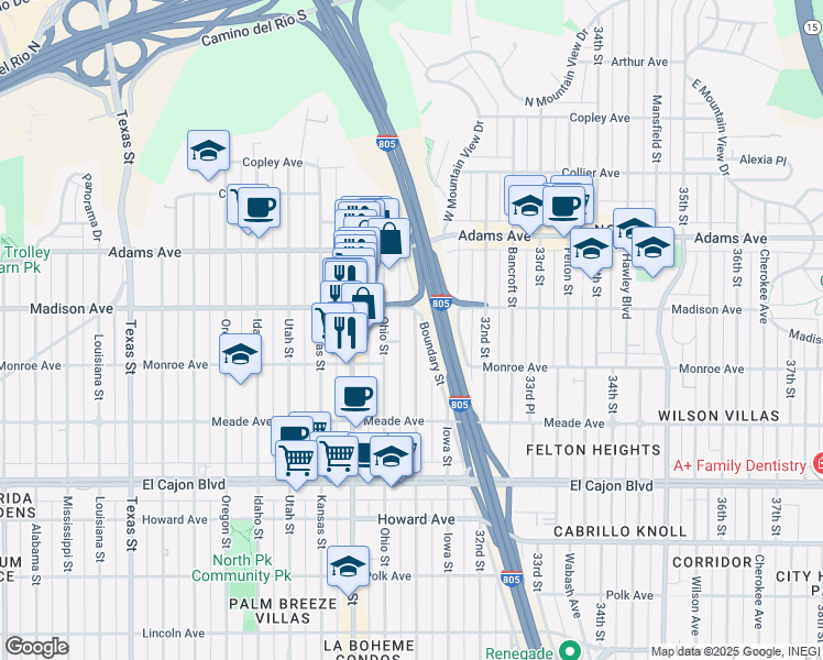 map of restaurants, bars, coffee shops, grocery stores, and more near 4541 Illinois Street in San Diego