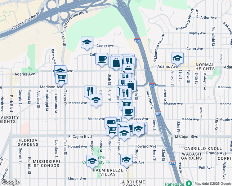 map of restaurants, bars, coffee shops, grocery stores, and more near 4540 Kansas Street in San Diego