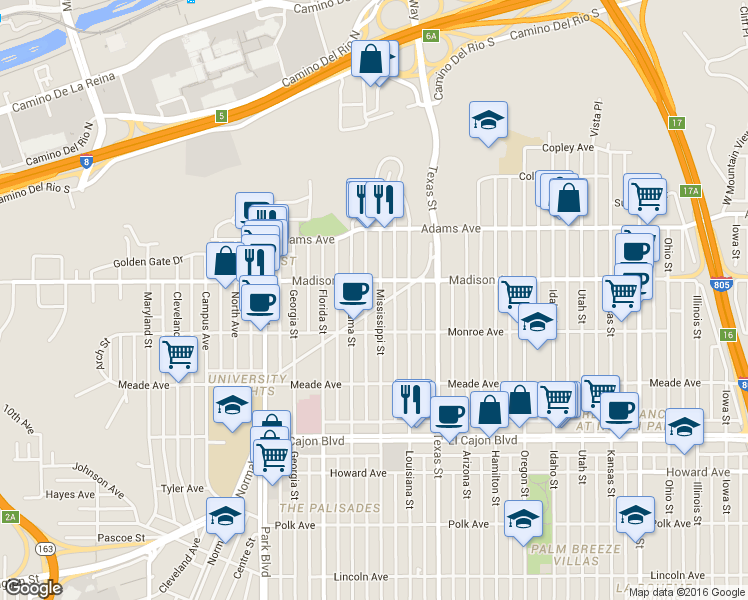 map of restaurants, bars, coffee shops, grocery stores, and more near 2201 Mission Avenue in San Diego