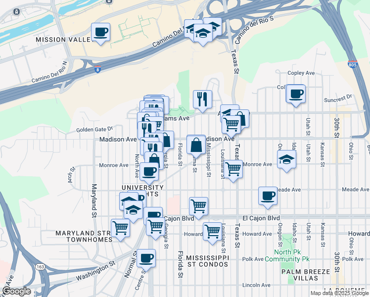 map of restaurants, bars, coffee shops, grocery stores, and more near 4546 Florida Street in San Diego