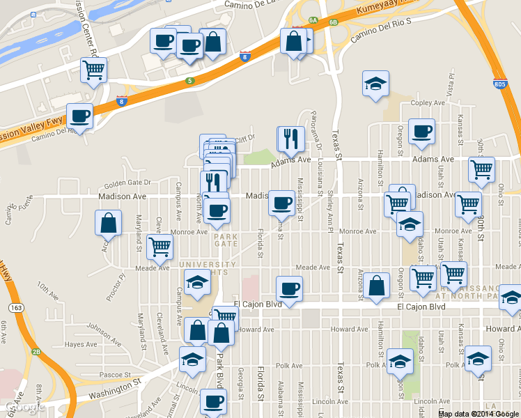 map of restaurants, bars, coffee shops, grocery stores, and more near 4546 Florida Street in San Diego