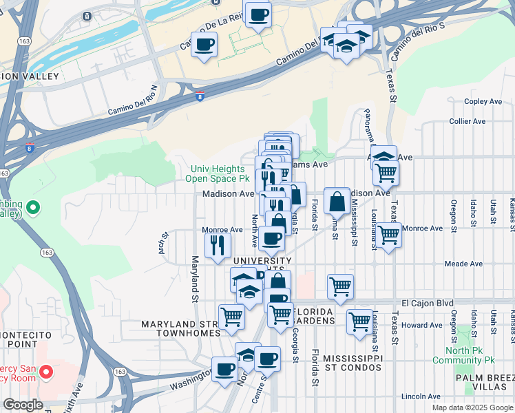 map of restaurants, bars, coffee shops, grocery stores, and more near 4553 North Avenue in San Diego