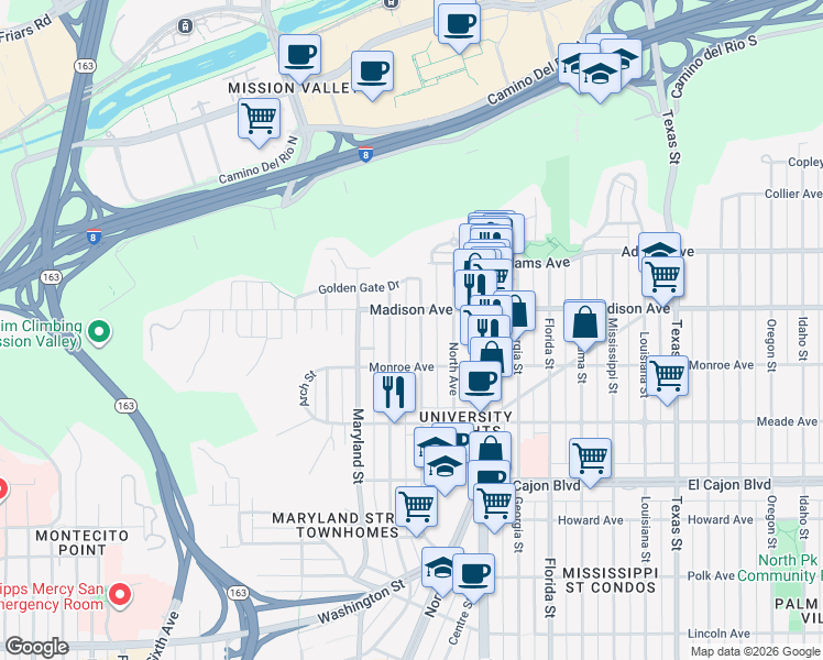 map of restaurants, bars, coffee shops, grocery stores, and more near 4545 Campus Avenue in San Diego