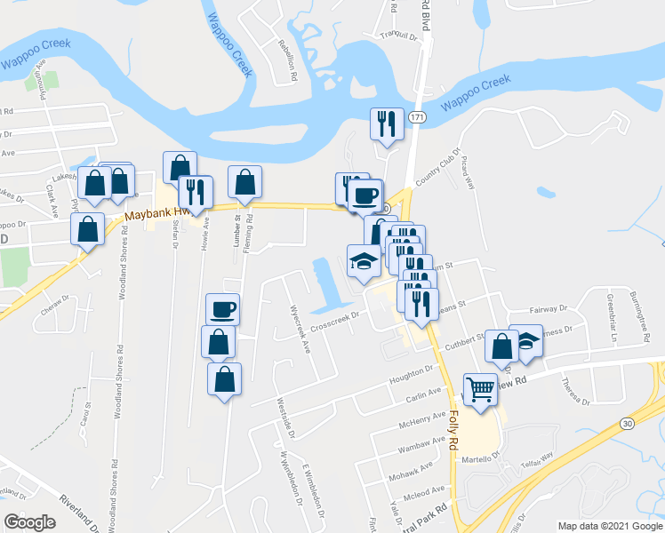 map of restaurants, bars, coffee shops, grocery stores, and more near 13 Town Park Lane in Charleston