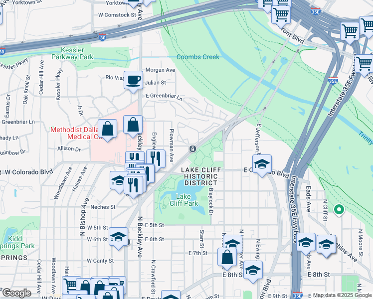 map of restaurants, bars, coffee shops, grocery stores, and more near 1339 North Zang Boulevard in Dallas