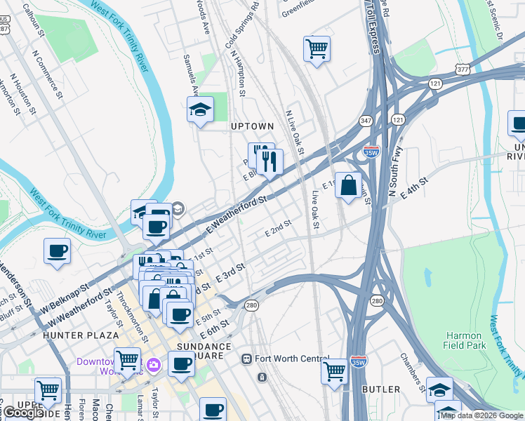 map of restaurants, bars, coffee shops, grocery stores, and more near 904 East Weatherford Street in Fort Worth