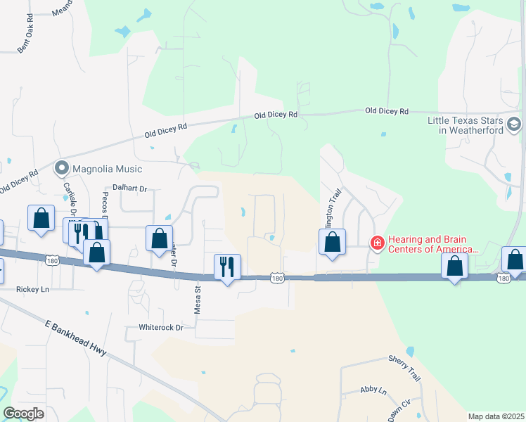 map of restaurants, bars, coffee shops, grocery stores, and more near 1725 Fort Worth Highway in Weatherford