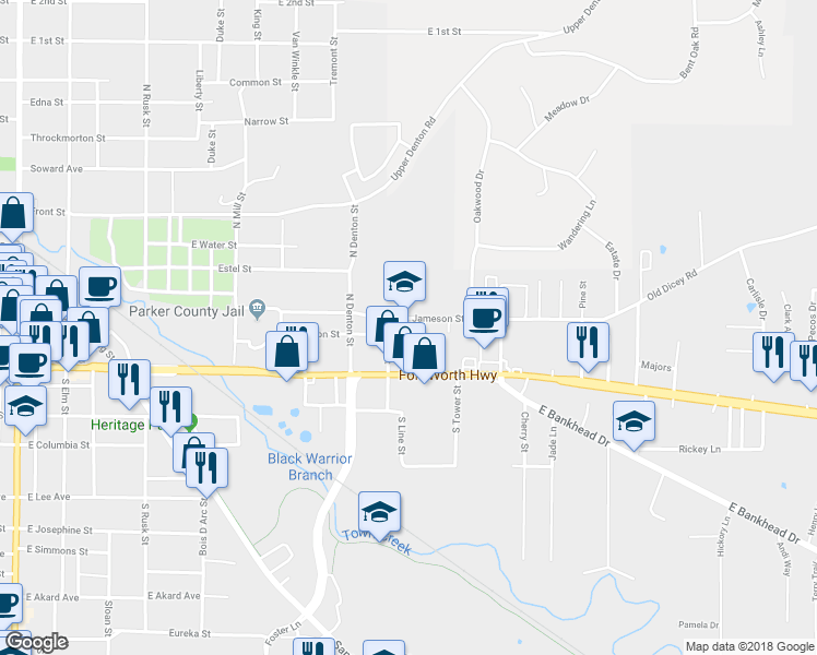 map of restaurants, bars, coffee shops, grocery stores, and more near 1009 Johnson Street in Weatherford