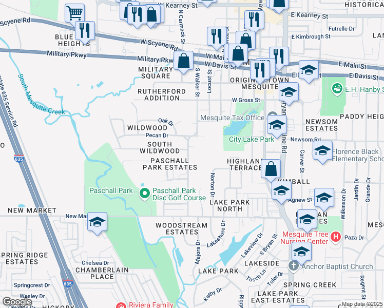 map of restaurants, bars, coffee shops, grocery stores, and more near 628 South Walker Street in Mesquite