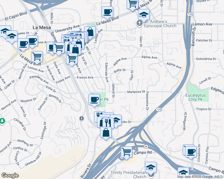 map of restaurants, bars, coffee shops, grocery stores, and more near 4454 Upland Street in La Mesa