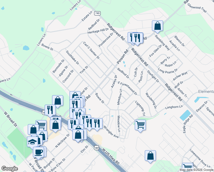 map of restaurants, bars, coffee shops, grocery stores, and more near 607 Orchard Lane in Forney