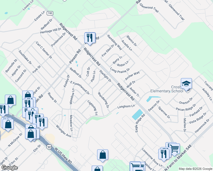 map of restaurants, bars, coffee shops, grocery stores, and more near 148 Wandering Drive in Forney