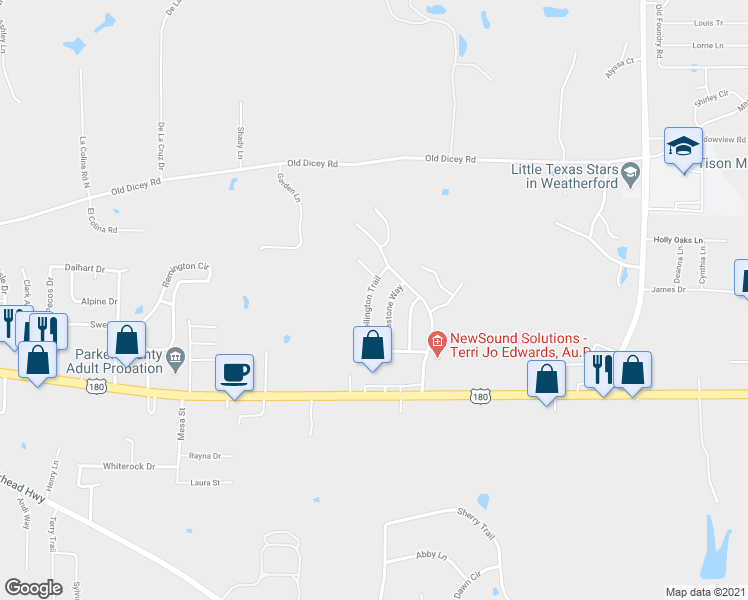 map of restaurants, bars, coffee shops, grocery stores, and more near 238 Wellington Trail in Weatherford