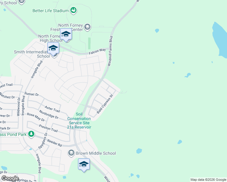 map of restaurants, bars, coffee shops, grocery stores, and more near 9400 Bald Cypress Street in Forney