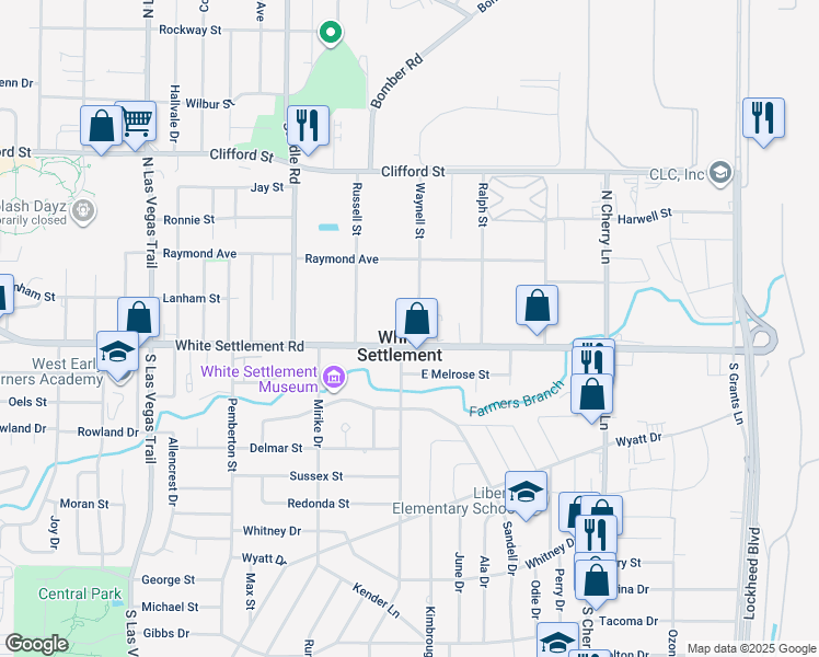map of restaurants, bars, coffee shops, grocery stores, and more near 8200 White Settlement Road in Fort Worth
