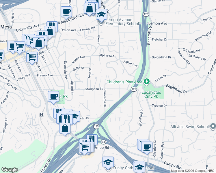 map of restaurants, bars, coffee shops, grocery stores, and more near 8810 Mariposa Street in La Mesa