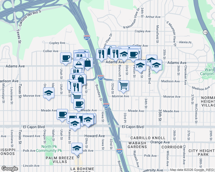 map of restaurants, bars, coffee shops, grocery stores, and more near 4557 Iowa Street in San Diego