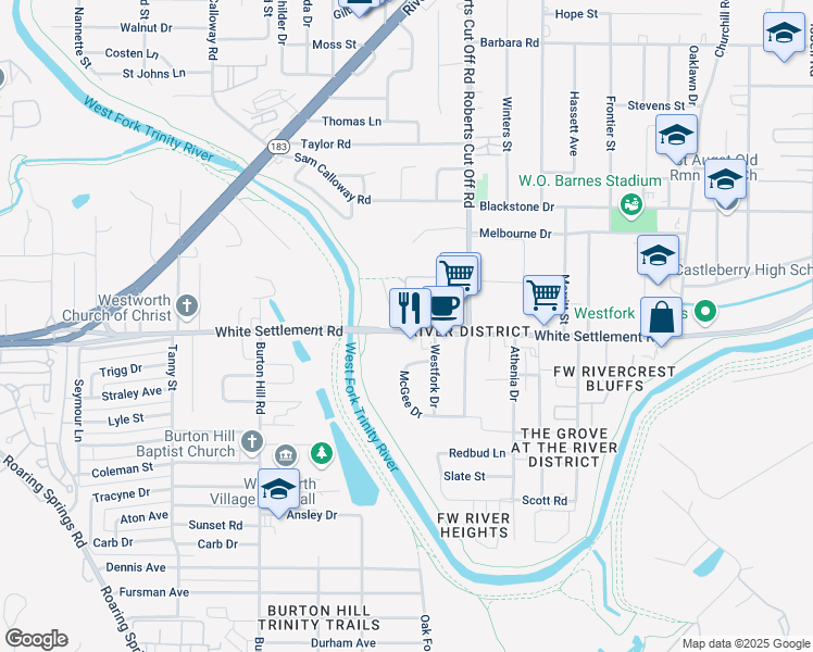 map of restaurants, bars, coffee shops, grocery stores, and more near 5328 White Settlement Road in Fort Worth