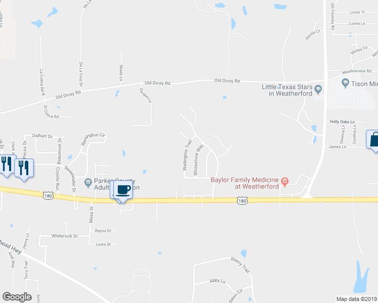 map of restaurants, bars, coffee shops, grocery stores, and more near 238 Wellington Tr in Weatherford