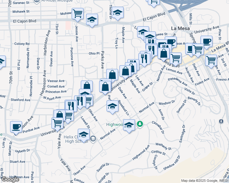 map of restaurants, bars, coffee shops, grocery stores, and more near 7631 University Avenue in La Mesa