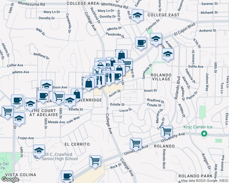 map of restaurants, bars, coffee shops, grocery stores, and more near 6156 Acorn Street in San Diego