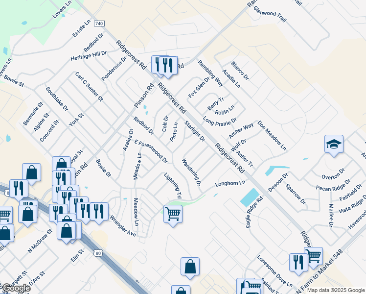 map of restaurants, bars, coffee shops, grocery stores, and more near 503 Appaloosa Drive in Forney