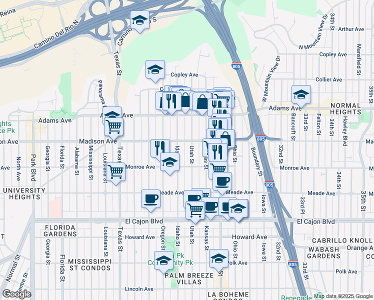 map of restaurants, bars, coffee shops, grocery stores, and more near 4566 Utah Street in San Diego