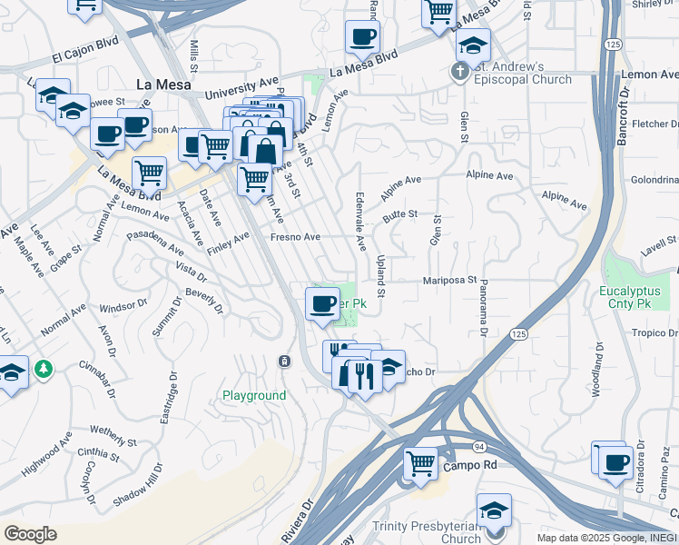 map of restaurants, bars, coffee shops, grocery stores, and more near 4508 3rd Street in La Mesa