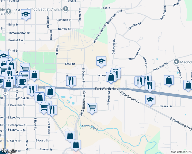 map of restaurants, bars, coffee shops, grocery stores, and more near 1006 Jameson Street in Weatherford