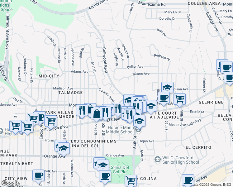 map of restaurants, bars, coffee shops, grocery stores, and more near 4102 Collwood Lane in San Diego
