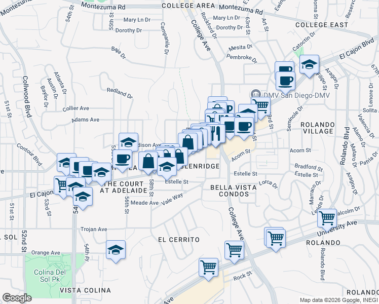 map of restaurants, bars, coffee shops, grocery stores, and more near 4529 Esther Street in San Diego